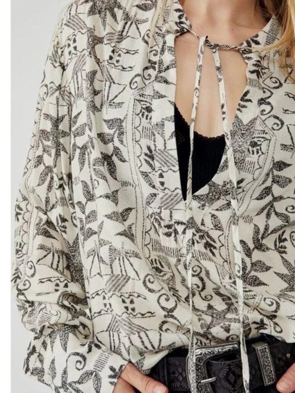 NWT Free People Mia Tunic Cream Black Aztec Print Long Sleeve Top Flowy Boho XL